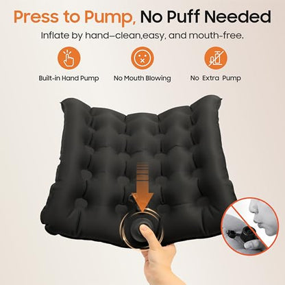 Lumbar Support Pillow, Inflatable Seat Cushion, Lightweight Car Back Cushion, Portable Chair Seat & Back Cushions for Office, Outdoor, Flight, Workplace, Black Stadium Cushions with TPU