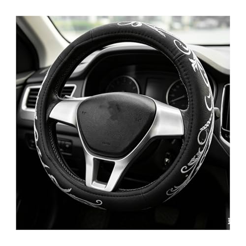 Car Steering Wheel Cover, 14.5-15 Inch Comfortable Anti-Slip Embroidery Auto Steering Wheel Protector, Breathable Leather Wheels Covers for Most Vehicles, Car Accessories (Black & White)