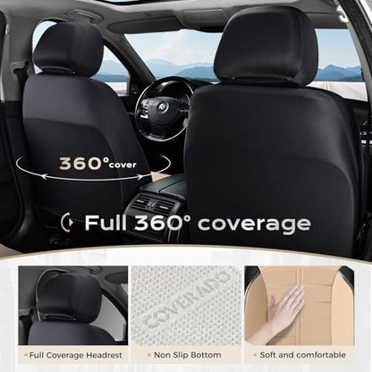 Coverado Full Set Leather Car Seat Covers, Crafted with Full Leather Construction and Carbon Fibre Weave Universal Fit for Most Cars SUV Trucks(Beige - color: Beige, size: FullSet