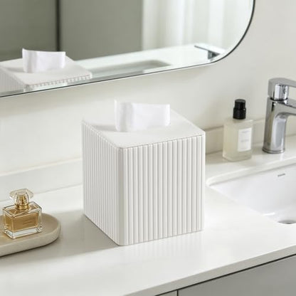 PU Leather Tissue Box Cover Square Tissue Box Holder with Magnetic Closure (Ivory Fluted) - color: Ivory Fluted