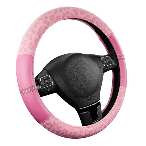 Road Comforts Leopard Steering Wheel Cover for Women, Cute Anti-Slip Microfiber Leather, Universal Fit 14.5-15 Inch Round Steering Wheel - Full Pink - color: Round All Pink