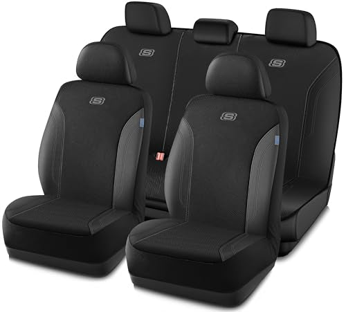 Skechers Car Seat Covers, Work Leather Seat Covers 5-Times Stronger Built-in Webbing, Oxford Fabric Seat Cover Full Sets, Airbag Compatible, Automotive Comfort for Cars, Trucks, SUVs,Black - color: Black&Black, size: Full Set
