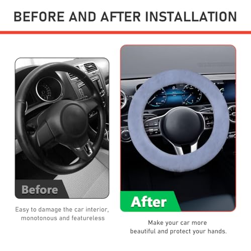 Ohleats 6 PCS Fluffy Steering Wheel Covers Set, 15'' Furry Car Wheel Cover, Soft Gear Shift & Handbrake Cover, Center Console & Seat Belt Shoulder Pads for Women, Car Accessories (Gray) - color: Gray