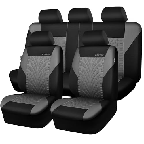 CAR PASS Car Seat Covers Full Sets, Front & Split Rear Bench for Car, 3D Tyre Embossed Automotive Interior Covers, Airbag Compatible, Quick Setup Universal Fit Seat Covers for Car, SUV(Black Gray) - color: Gray and Black, size: Full sets