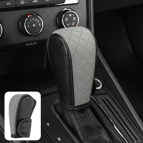 Leather Car Gear Shift Knob Cover, Exquisite Embroidery Design, Durable Anti-Slip Shifter Lever Protector, Universal Shift Knob Decoration Accessories for Most Car, SUV, Truck (Grey) - color: Gray