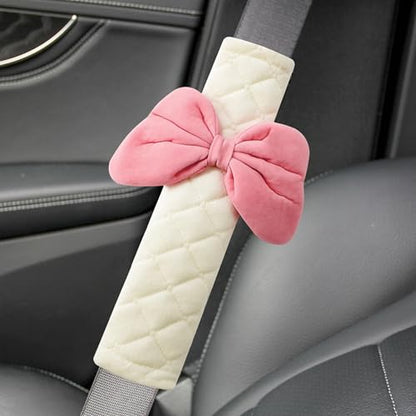 2-Pack Soft Seat Belt Covers Universal Car Shoulder Pad Cushions for Comfortable Driving & Bag Strap Protection Off-White Pink Large Bow - color: Pink Bow