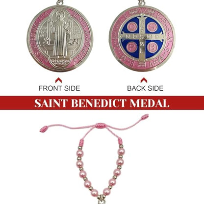Escapularios Catolicos,2PCS Golden Saint Benedict Medal Protection Blessing Charm, St Benedict Crucifix, Catholic Handmade Jewelry Gift Car Hanging Home Decor (2PCS Pocket Pink)