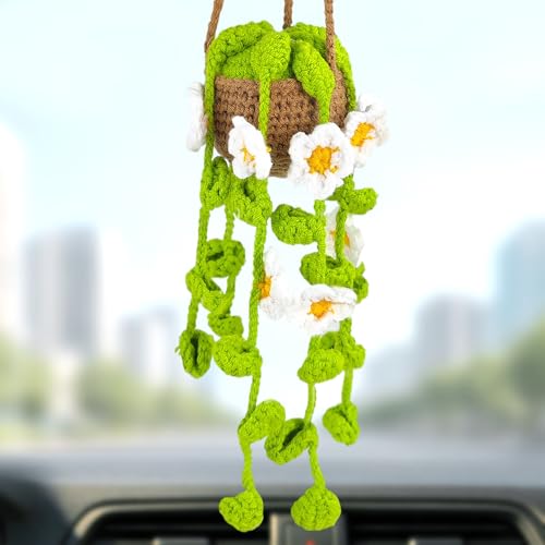 Crochet Plant for Car - Rear View Mirror Accessories, Cute Girly Car Accessories for Women, Boho Knit Plant Interior Decorations, Aesthetic Flower Charms