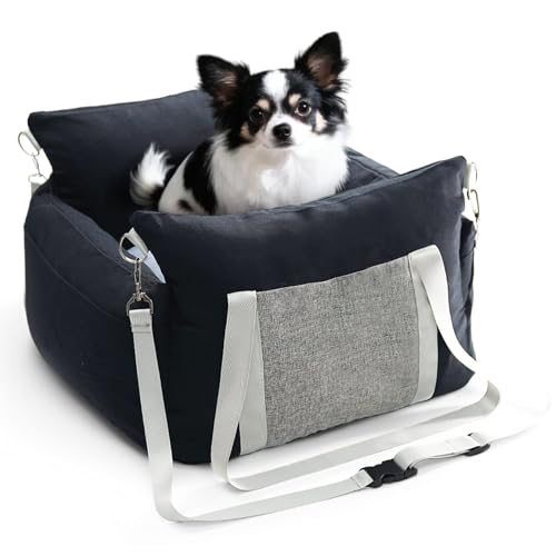 Pet Car Booster Seat for Small Dogs up to 25 lbs with Safety Straps, Storage Pockets, Travel Carrier Bed with Detachable Cover, Machine Washable (Black) - color: Black