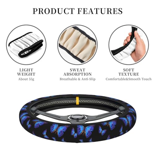 Blue Butterfly Neoprene Steering Wheel Cover Anti-Slip Elastic Steering Wheel Protector 15in Universal Car Accessories Fit Cars, SUVs, Auto - color: Blue Butterfly