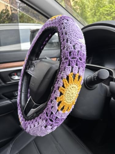 Handmade Crochet Sun Moon Car Steering Wheel Covers Universal 14-15 inch,Cute Steering Wheel Cover,Car Accessories (B:Wheel Cover+2 Belt Cover) - color: B:Wheel Cover+2 Belt Cover