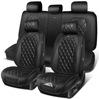 CAR PASS Luxury Nappa Leather Car Seat Covers Full Set, 3D Rhombus Waterproof Premium Leather Seat Covers, Universal Automotive Seat Cushion Fit for Sedan SUV Truck Van, Airbag Compatible Solid Black - color: Black