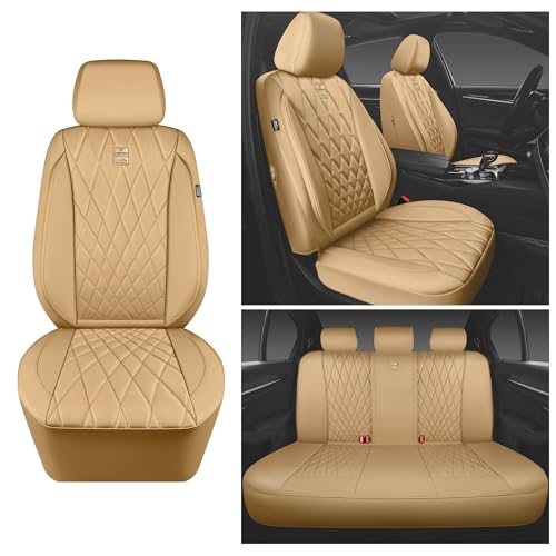 CAR PASS Piping Luxury Leather Seat Covers Full Set,5 Seats Leatherette Anti-Slip Waterproof Seat Covers Compatible with Front Armrests,Universal Fit for Suvs,Vans,Trucks,Airbag Compatible,Pure Beige - color: Pure Beige, size: Full Set