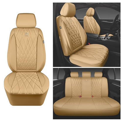 CAR PASS Piping Luxury Leather Seat Covers Full Set,5 Seats Leatherette Anti-Slip Waterproof Seat Covers Compatible with Front Armrests,Universal Fit for Suvs,Vans,Trucks,Airbag Compatible,Pure Beige - color: Pure Beige, size: Full Set