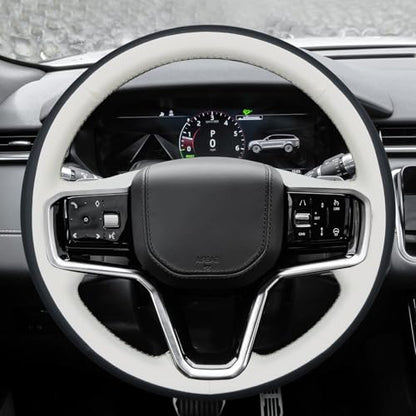 MEWANT DIY Stitched 3D Style Steering Wheel Cover Wrap for Land Rover Range Rover Sport III(L461) 2023-2025/Discovery Sport/Range Rover Evoque II/Range Rover Velar 2021-2025 - color: 6：3D Style(Beige&Black Real Leather)