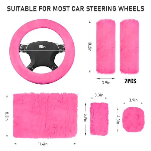 Ohleats 6 PCS Fluffy Steering Wheel Covers Set, 15'' Furry Car Wheel Cover, Soft Gear Shift & Handbrake Cover, Center Console & Seat Belt Shoulder Pads for Women, Car Accessories (Pink) - color: Pink