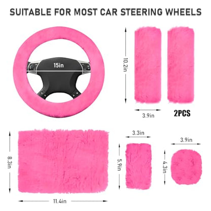 Ohleats 6 PCS Fluffy Steering Wheel Covers Set, 15'' Furry Car Wheel Cover, Soft Gear Shift & Handbrake Cover, Center Console & Seat Belt Shoulder Pads for Women, Car Accessories (Pink) - color: Pink