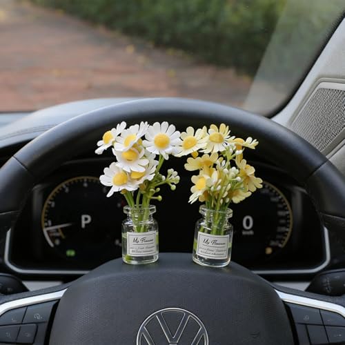 Daisy Flower Car Accessories for Women Interior Aesthetic, 3 Pcs Daisy Cute Car Dashboard Decorations