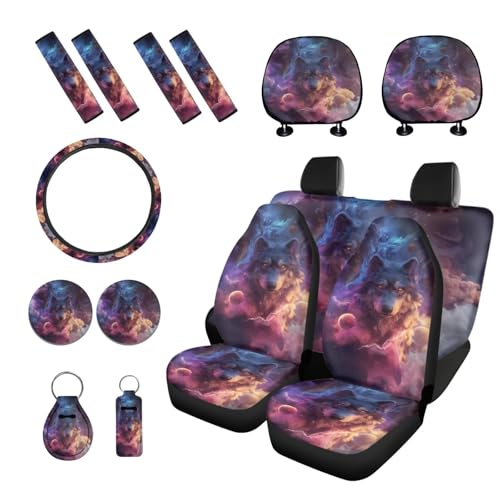 Wolf Planet Galaxy Pattern 15 Pcs Car Accessories Set, Car Interior Covers Set Front Rear Seat Covers Steering Wheel Cover Seat Belt Covers Car Headrest Cover Car Coaster - color: Wolf Planet Galaxy Pattern
