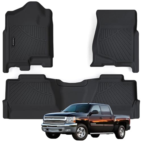 Floor Mats for 2007-2013 Chevy Silverado & GMC Sierra 1500 Crew Cab 2007-2014 2500/3500 HD TPE All Weather Full Cover Protection,Front & 2nd Row - size: 2007-13|For Silverado|1st