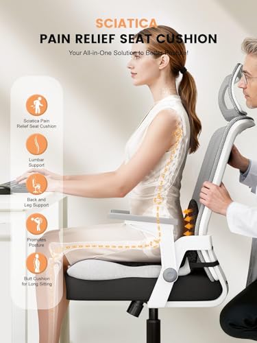 Office Chair Seat Cushion for Long Sitting Workers - L-Shaped Ergonomic Memory Foam with Tailbone Support & Adjustable Strap