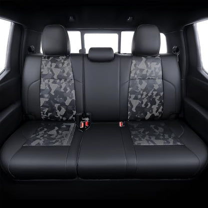 Leather Seat Covers Custom Fit for 2024-2026 Tacoma Gen 4th Double Cab - Fully Covered - Fit Like a Glove - Center Console Armrest Covers Included - Camouflage Black & Black Stitching