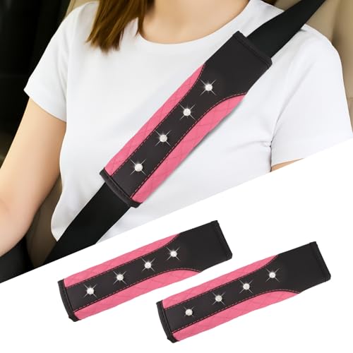 Hovom 2PCS Bling Car Seat Belt Cover Pad, Leather Seatbelt Covers for Cars, Soft Safety Seatbelt Shoulder Strap Covers, Rhinestone Auto Seat Belt Protector Cushion for Women Girls (Pink) - color: Pink