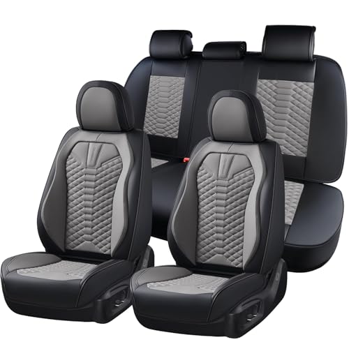 Coverado Seat Covers Full Set, Waterproof Nappa Leather Seat Covers for Cars, 5 Seats Universal Car Seat Protectors, Black and Gray Automotive Seat Covers Car Seat Cushions Fit for Most Cars - color: Patchwork-Black&Gray, size: Full Set