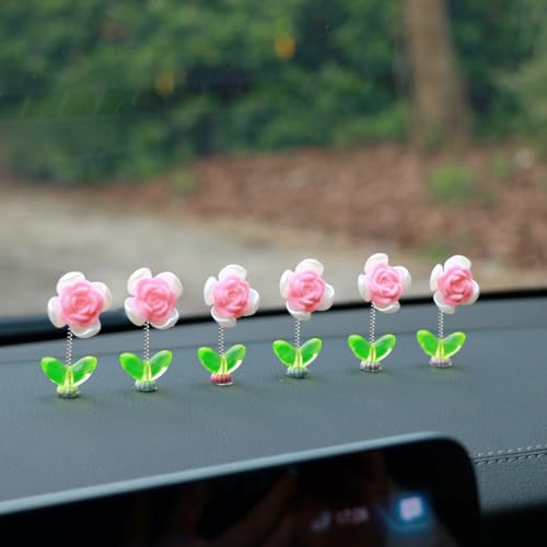 6 Pack Pink Rose Car Dashboard Decorations, Shaking Flower Bobblehead Car Interior Decor for Women, Cute Car Accessories for Girls, Adhesive Dashboard Ornaments Gift - color: Pink