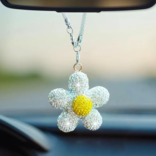 Bling Daisy Flower Car Hanging Ornament for Women, Cute Crystal Rear View Mirror Pendant Charms Sparkly Diamond Aesthetic Automotive Interior Decor Accessories (White) - color: White