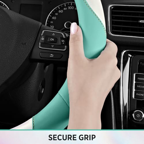 Road Comforts Steering Wheel Cover – Breathable Leather Steering Wheel Cover, Anti-Slip Grip, Universal Fit 14.5” to 15”, Heat & Cold Resistant for Cars, SUVs, and Trucks –Shining White & Mint - color: White&Mint