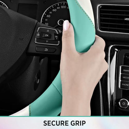 Road Comforts Steering Wheel Cover – Breathable Leather Steering Wheel Cover, Anti-Slip Grip, Universal Fit 14.5” to 15”, Heat & Cold Resistant for Cars, SUVs, and Trucks –Shining White & Mint - color: White&Mint