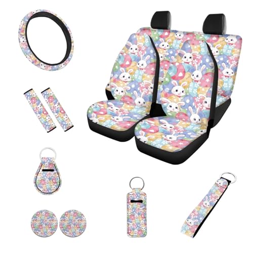 Easter Day Car Accessory Easter Rabbit Car Seat Covers Full Set Easter Egg Colorful Auto Steering Wheel Cover Keychain Seat Belt Pad Universal Fit,All Weather Protection 12Pcs,for SUV Truck - color: Easter Bunny Colorful Egg