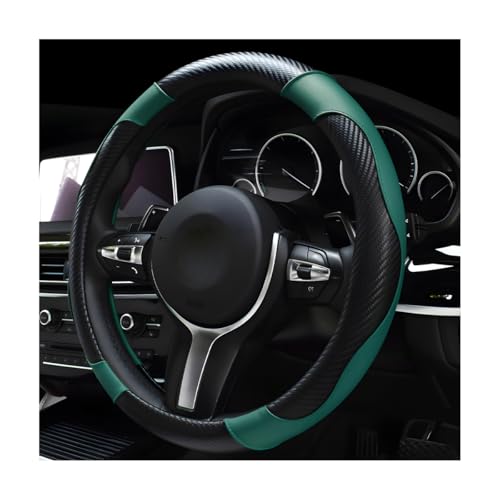 DXNQ Car Steering Wheel Cover, 15 Inch Carbon Fiber Leather Stitching Color Steering Wheel Protector, Anti-Slip Elastic Breathable Steering Wheel Cover Stylish Decor for Most Cars (Black Green) - color: Black Green