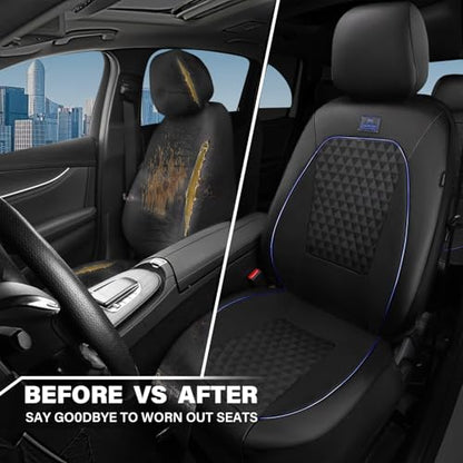 Outlet Leather Car Seat Covers Gel Wetsuit PU Front Seat Cover Waterproof EVA 2pcs All Weather Neoprene Universal Fit Pickup SUV Truck Sedan Automotive, Armrest Airbag Compatible, Rhombic Blue Strip - color: Black Blue, size: Front Seats