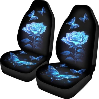 Howilath Blue Rose Flower Car Front Seat Cover 2 Pack Butterfly Auto Protector Bucket Seat Covers High Back Auto Accessories Fit Most Vehicle - color: Blue Rose Butterfly