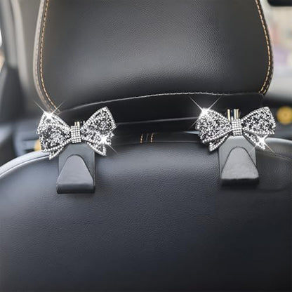 Bling Car Headreat Hook, 2PCS Crystal Rhinestone Cute Bow Vehicle Seat Back Hanger Storage for Purses Bags Grocery, Diamond Auto Rear Seat Organizer, Universal for SUV Truck Sedan (Black) - style: Black/2PCS
