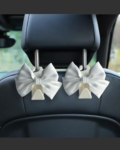 2 Pack Car Purse Holder for Handbags and Bags, Headrest Back Seat Hooks for Cars, Car Bag Hanger for Groceries, Coats, Umbrellas and Daily Essentials, Bow-Shaped Car Interior Organizer (White silk) - color: White silk