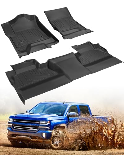 All Weather Floor Mats 2014-2018 for Chevy Silverado & GMC Sierra 1500, 2015-2019 2500HD 3500 HD, Only Crew Cab & Front Center Console & Bucket Seat, Waterproof TPE Rubber Car Accessories