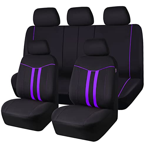 CAR-GRAND Piping Cloth Car Seat Covers Full Set, Breathable Universal Car Seat Cover, Airbag Compatible Seat Cover for Cars Trucks SUV Van Sedan (Black-Purple Strips) - color: Black-Purple