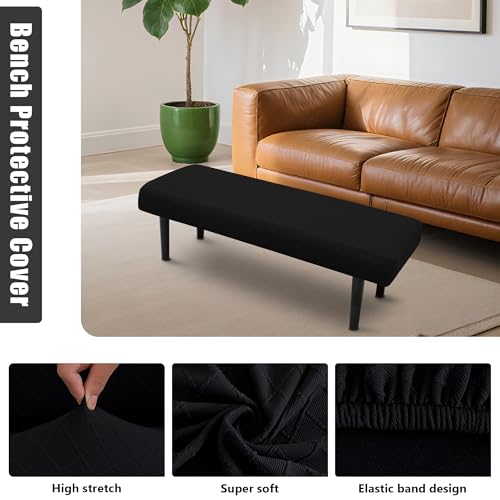 Stretch Bench Seat Cover, Reusable Slipcover for Dining Room & Bedroom, Removable Washable Rectangular Bench Covers, Elastic Fit for Home Furniture(Black)