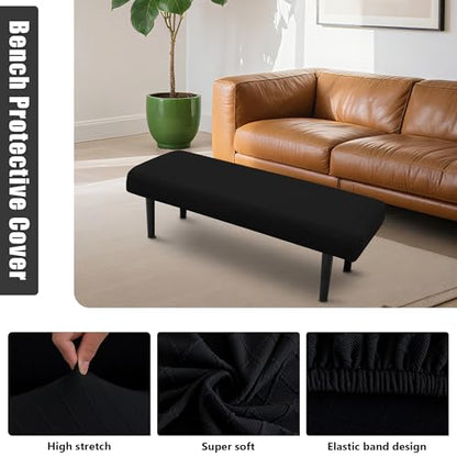 Stretch Bench Seat Cover, Reusable Slipcover for Dining Room & Bedroom, Removable Washable Rectangular Bench Covers, Elastic Fit for Home Furniture(Black)