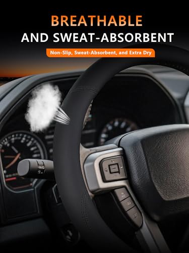 Leather Steering Wheel Cover for Ford F150/F250/F350, 15.5-16 Inch Truck Steering Wheel Grip, Breathable & Anti-Slip, Premium Semi Car Accessories (Black) - color: Black