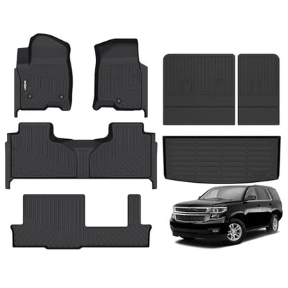 GINOWY- Floor Mats & Cargo Liner for Chevy Tahoe 2021-2025 2026 & GMC Yukon 8 Seat Bench Seat, TPE All Weather Car Mats for Chevrolet Tahoe Non-Slip Trunk Mat Waterproof Accessories Floor Liners Black - style: 5) for Chevy Tahoe 2021-2026 Full Set with ba