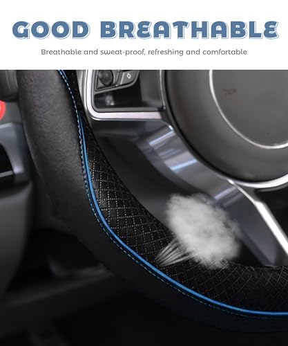 Steering Wheel Cover,Car Accessories 14.5-15 Inch Leather Steering Wheel Cover,Anti-Slip Breathable Microfiber Leather Covers,Warm in Winter and Cool in Summer,Fit for Suvs (Black-Blue) - color: Black&Blue