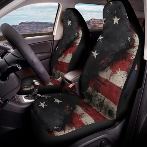 2 Piece Car Front Seat Cover for Women and Man, American Flag Star Print Waterproof Car Seat Covers for Front Seats, Airbag Compatible, Universal Fit Auto Interior Decor Accessories - color: Black and Red - American Flag Star