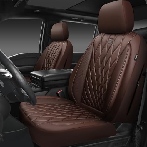 CAR PASS Piping Luxury Faux PU Leather Two Front Car Seat Covers, Waterproof Anti Slip Seat Covers Compatible with Front Seat Armrests,Universal Fit for Suvs,Vans,Trucks,Airbag Compatible, All Brown - color: Brown, size: Two Front