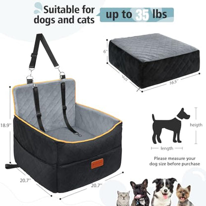 HEGGCOOE Small Dog Car Seat, Memory Foam Dog Booster Seats with Thick Cushion for Medium Dogs Under 35lbs, Detachable Washable Pet Car Seat Bed with Storage Pockets,2 Safety Belts - color: Black/gray