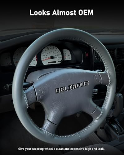 BELINOUS Leather Steering Wheel Cover Lace Up, Stitch on Steering Wheel Wrap, Universal Fit 13-20 Inch Car Truck Pickup Boat, A Whole Piece of Cowhide, DIY w/Needle Thread (Size M0, Gray) - color: Gray, size: M0