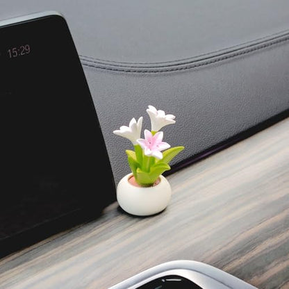 YGMONER Car Dashboard Plant Resin Flower Pot Knick Knacks Mini Plant Figurines Decorations Gifts for Women, Car Desk Bookshelf Decor (Lily Flower)